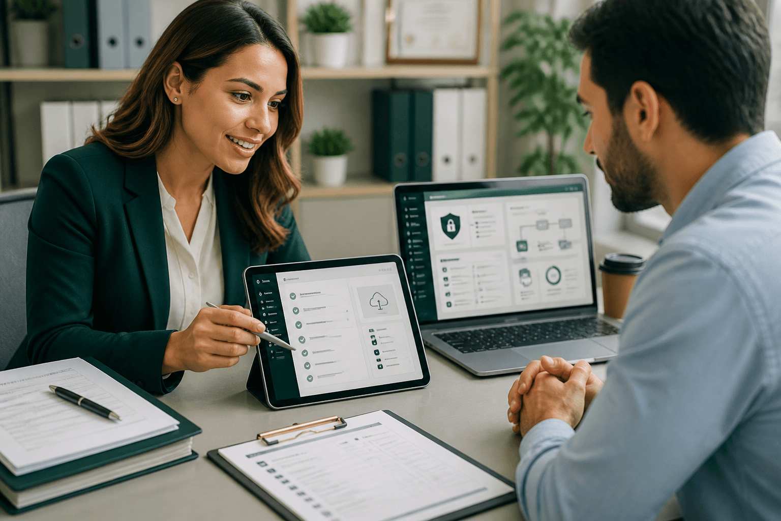 Female legal document assistant and male client using secure client intake automation software
