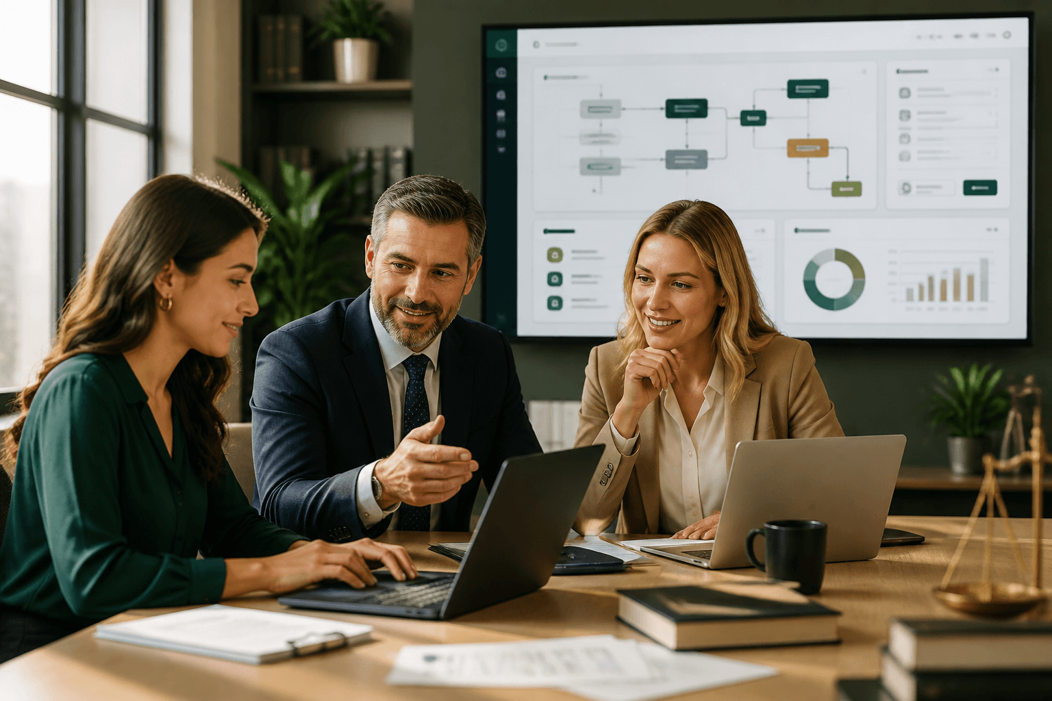 Male and female legal professionals collaborating around legal technology and AI workflow software