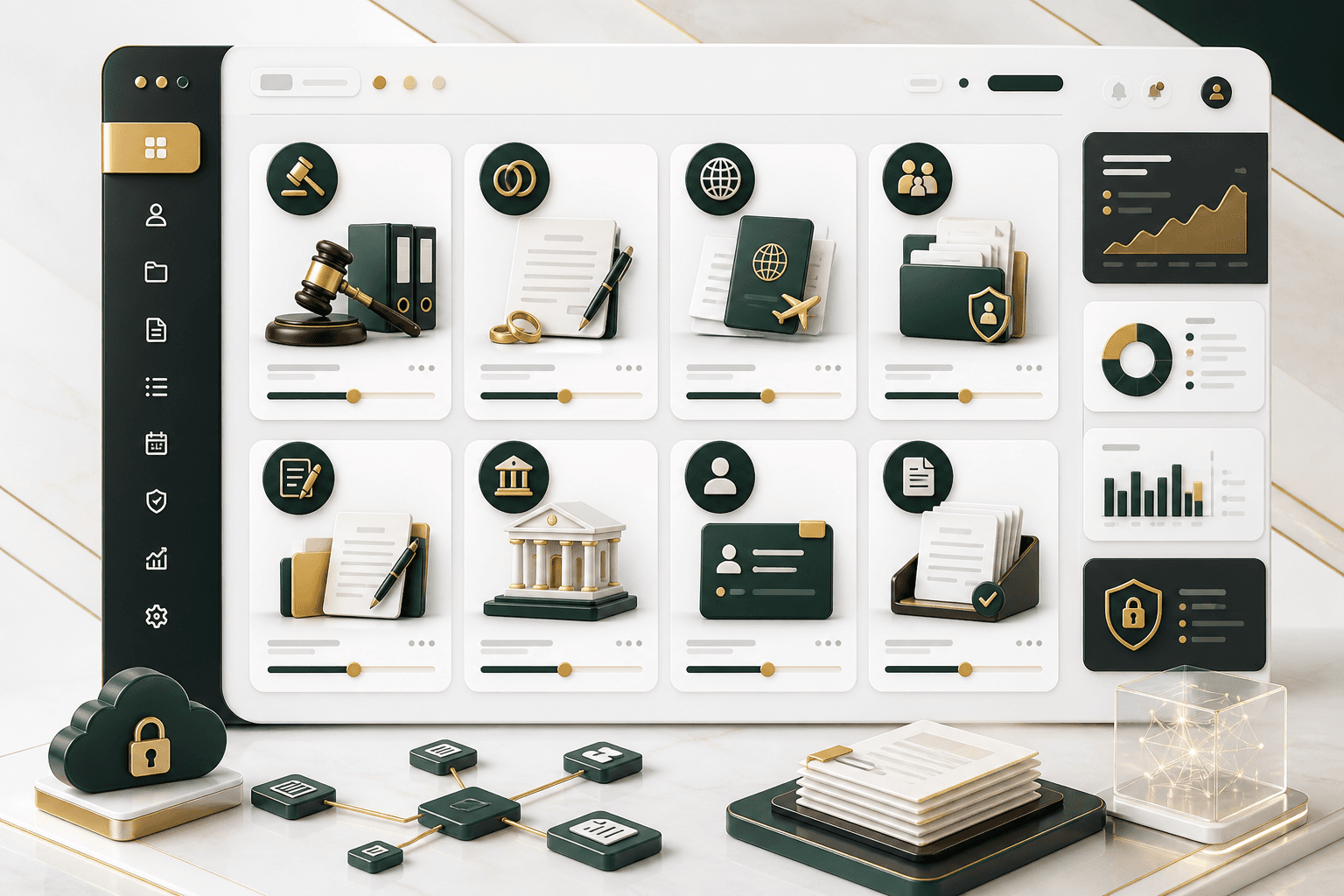 Visual product suite board for legal SaaS modules, CRM, forms automation, client intake, and practice workflows